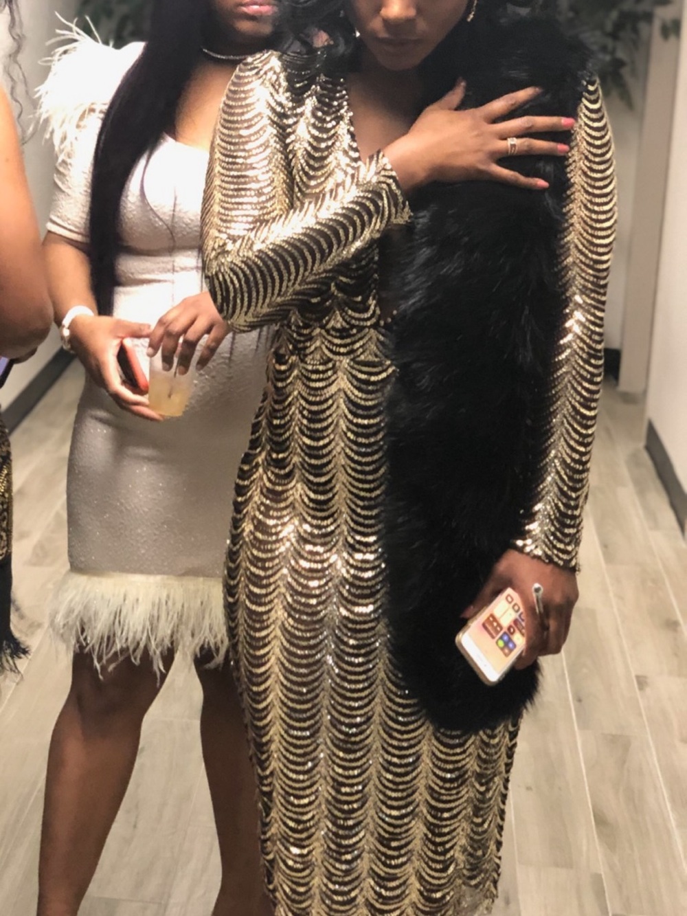 Gold Sequin Long Sleeve V-Neck Party Dress